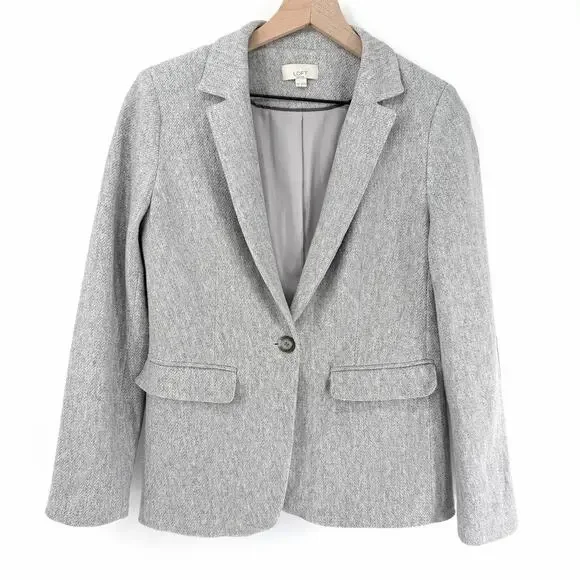 LOFT 8P Gray Herringbone Blazer Light Academia EUC Office Chic Spring Style - Picture 2 of 10
